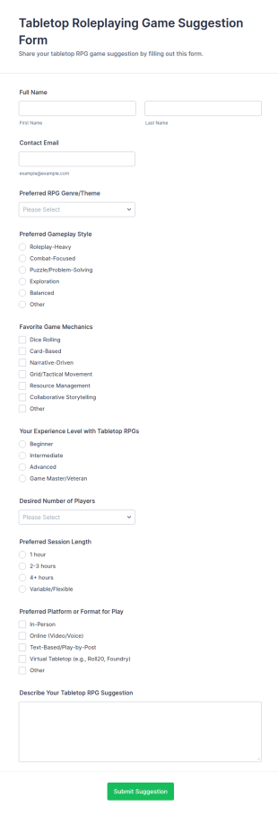 Tabletop Roleplaying Game Suggestion Form Template