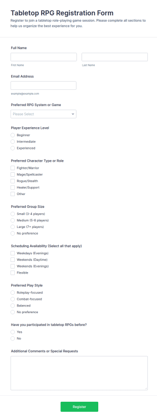 Tabletop RPG Registration Form Template