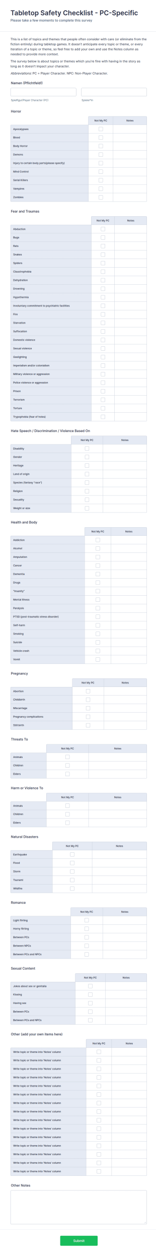 Gaming Safety Checklist Form Template