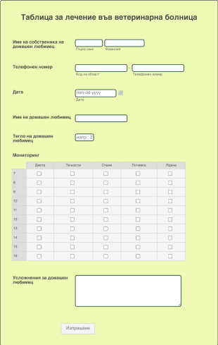 Таблица за лечение във ветеринарна болница Form Template