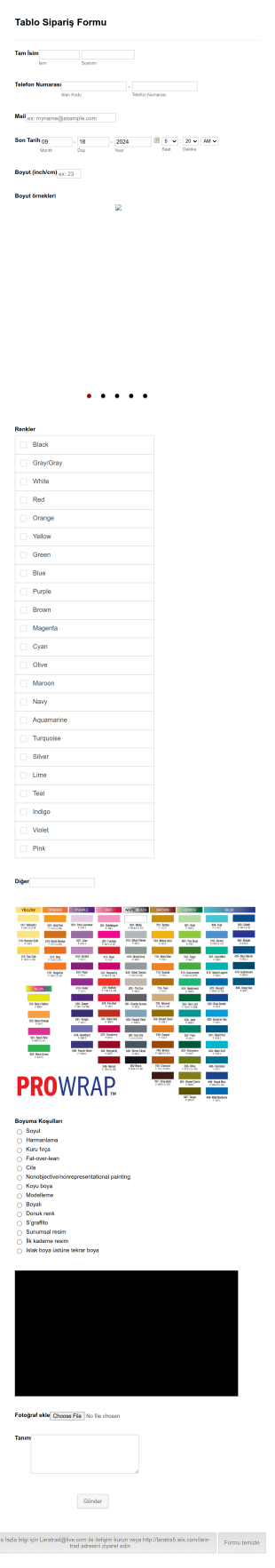Tablo Sipariş Form Şablonu