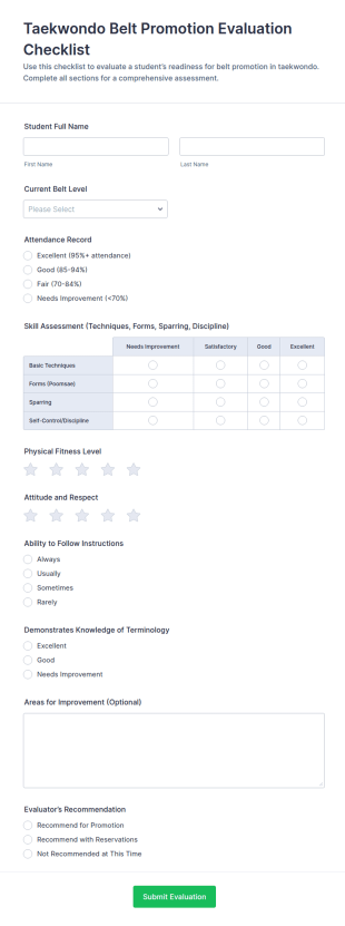 Taekwondo Belt Promotion Evaluation Checklist Form Template