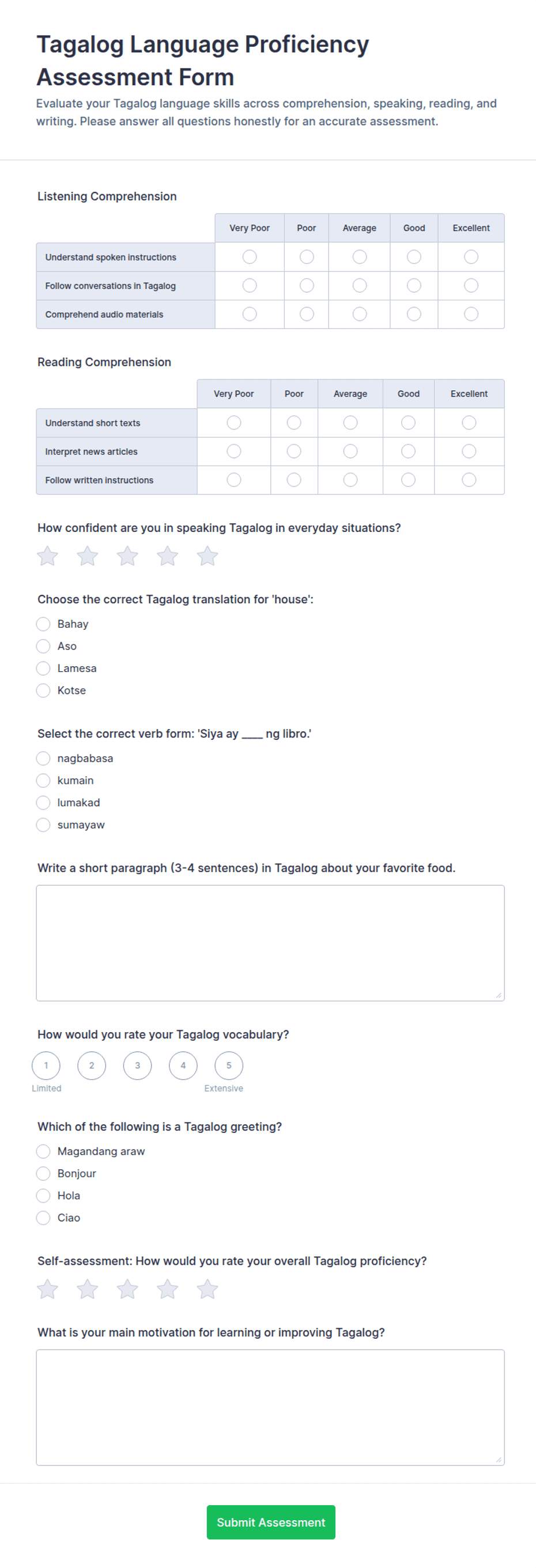Language Proficient Tagalog Language Proficiency Assessment Form Template | Jotform