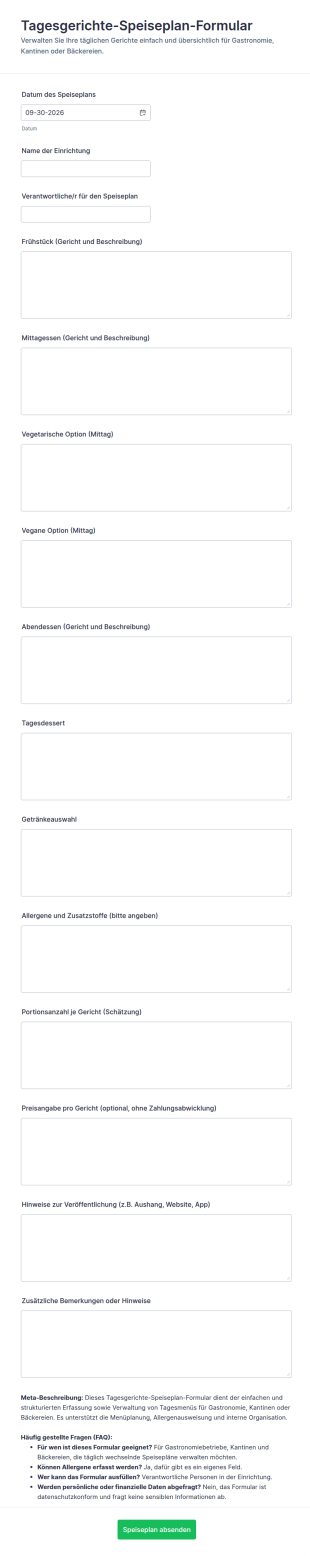 Tages Spezialitäten Menü Formular