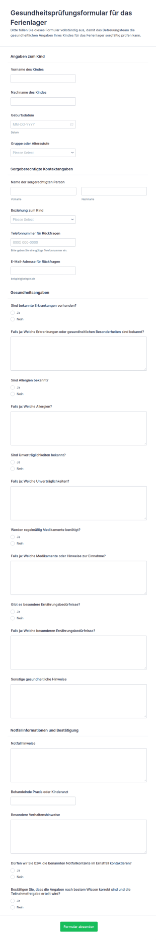 Tageslager Teilnahmewohlbefindens Checkliste
