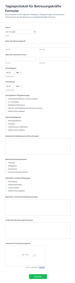 Tagesprotokoll Für Betreuungskräfte Formular