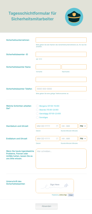 Tagesschichtformular Für Sicherheitsmitarbeiter