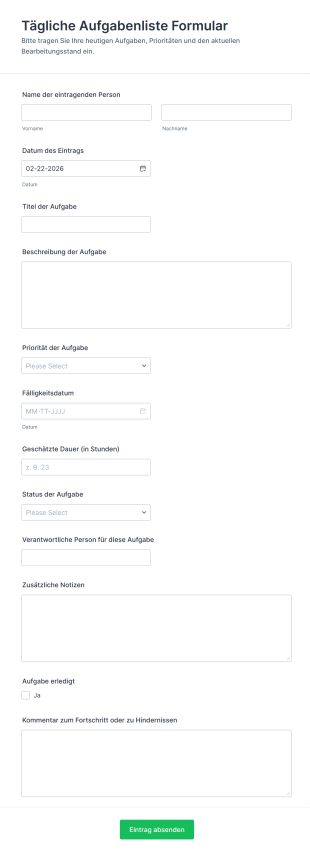Tägliche Aufgabenliste Formular