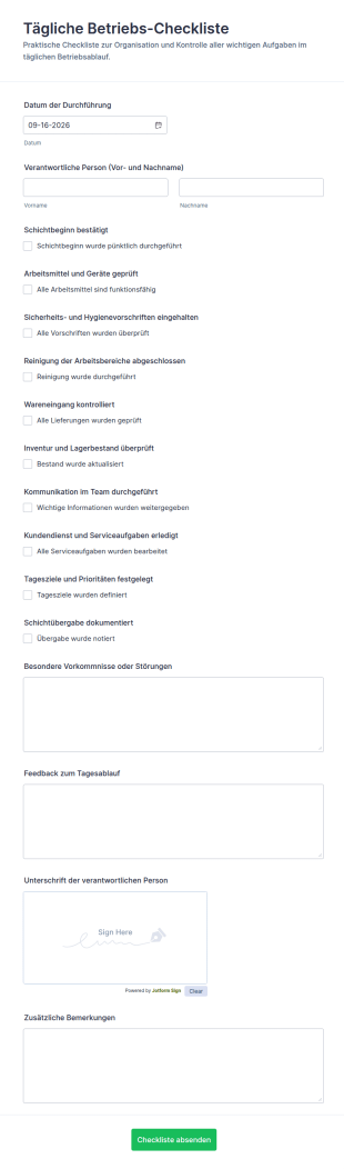 Tägliche Betriebsablauf Checkliste