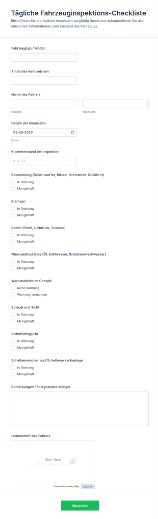 Tägliche Fahrzeuginspektions Checkliste
