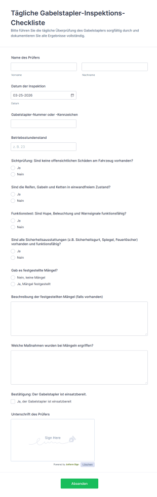 Tägliche Gabelstapler Inspektions Checkliste