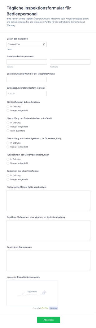 Tägliche Inspektionsformular Für Bedienpersonal