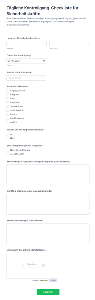 Tägliche Kontrollgang Checkliste Für Sicherheitskräfte