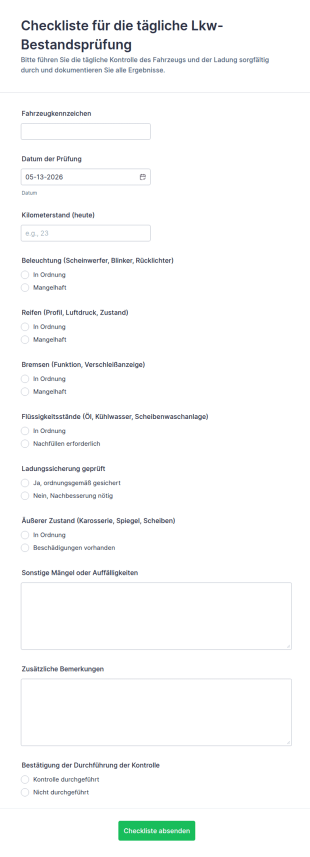 Tägliche LKW Bestandsaufnahme Formular