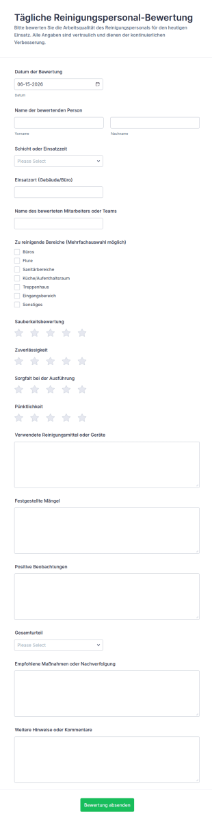 Tägliches Reinigungskräfte Bewertungsformular