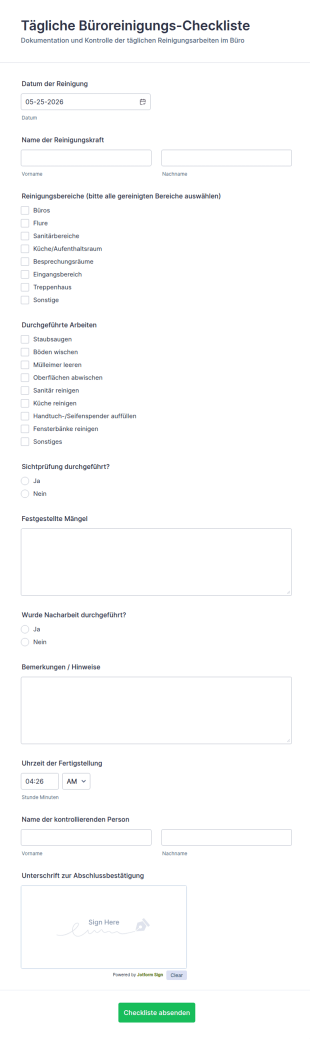 Täglicher Büroeinigung Checkliste Formular