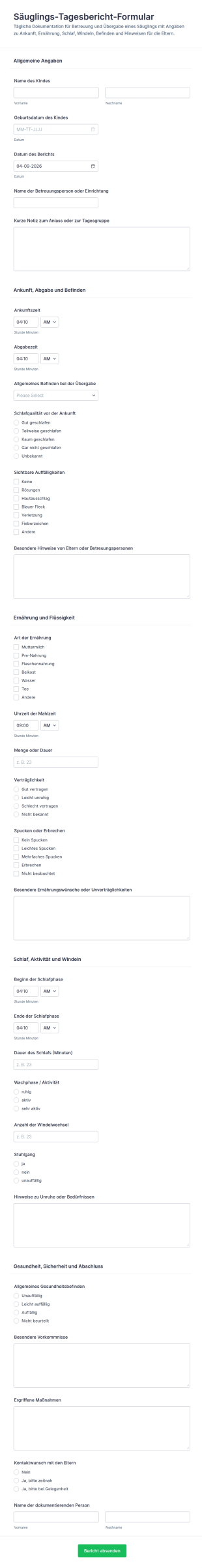 Täglicher Säuglingsbericht Formular