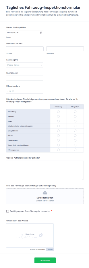Tägliches Fahrzeug Inspektionsformular