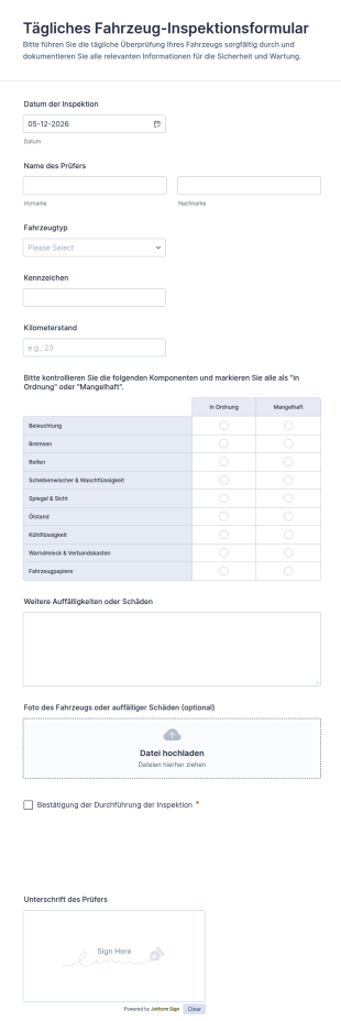 Tägliches Fahrzeug Inspektionsformular
