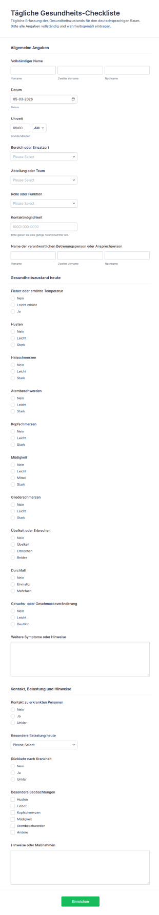 Tägliches Gesundheits Checkliste Formular