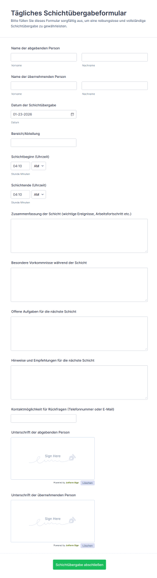Tägliches Schichtübergabeformular