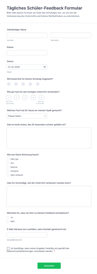 T&auml;gliches Sch&uuml;ler Feedback Formular Form Template