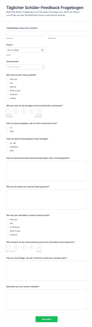 Formular Für Tägliches Schülerfeedback