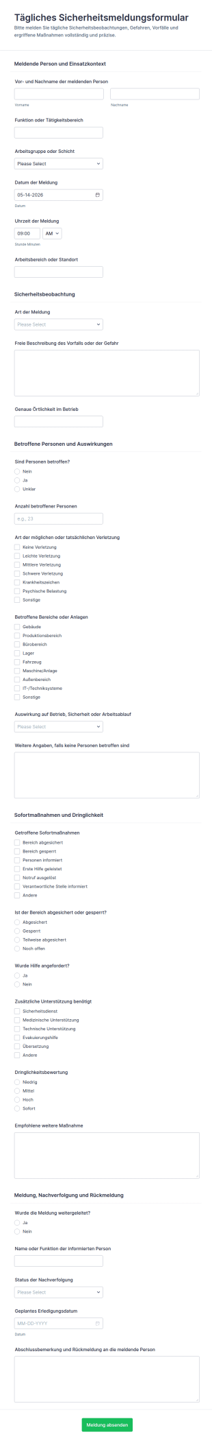 Tägliches Sicherheitsbericht Formular