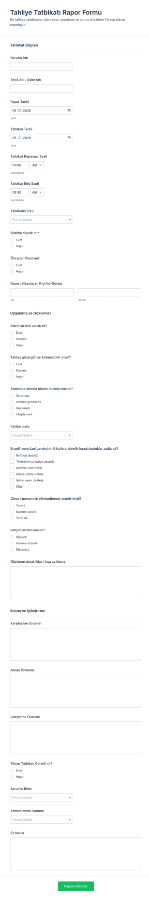 Tahliye Tatbikatı Raporu Form Şablonu