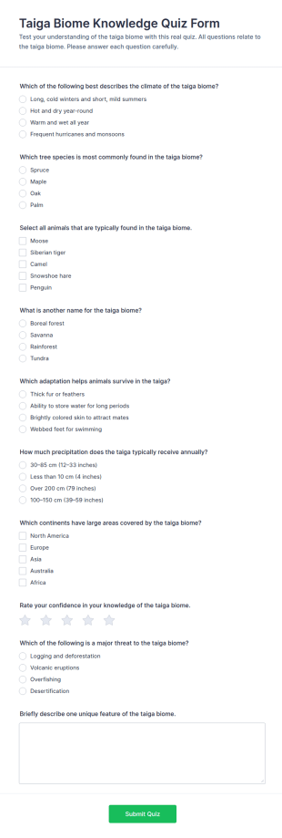 Taiga Biome Knowledge Quiz Form Template