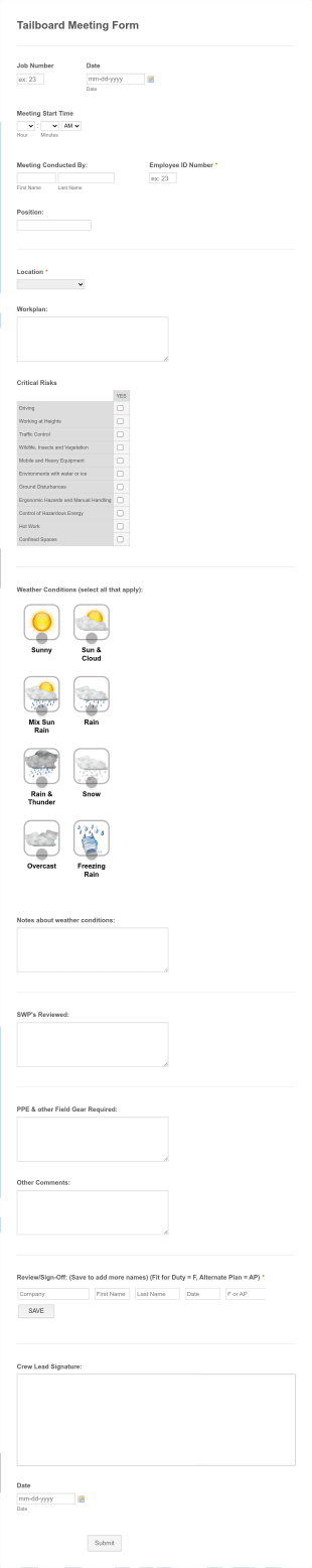 Tailboard Meeting Form Template