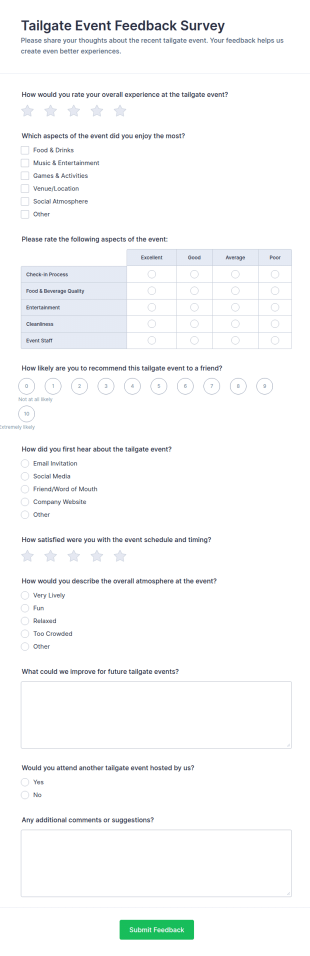 Tailgate Event Feedback Survey Form Template