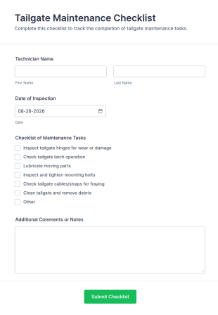 Tailgate Maintenance Checklist Form Template