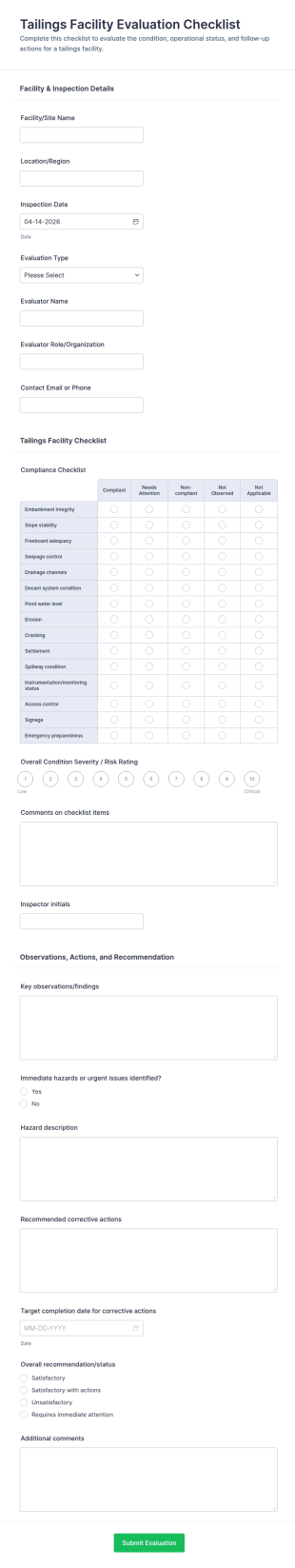 Tailings Facility Evaluation Checklist Form Template