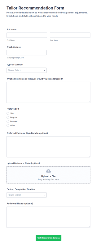 Tailor Recommendation Form Template