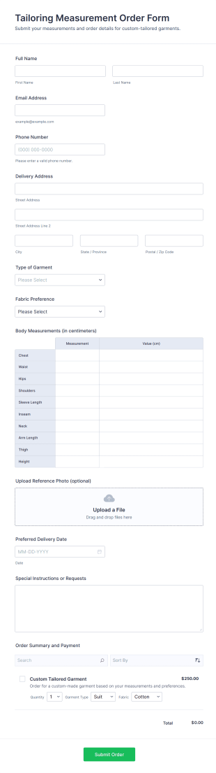 Tailoring Measurement Order Form Template