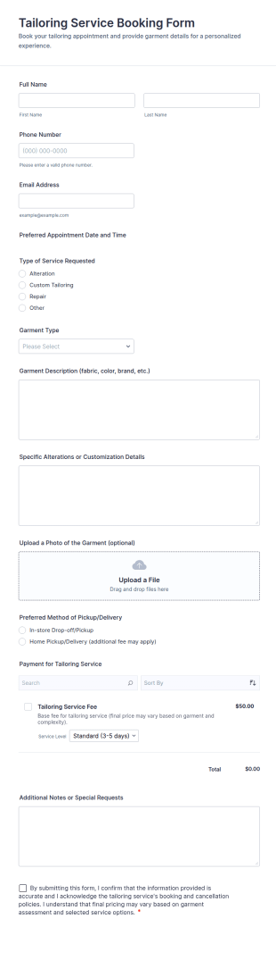 Tailoring Service Booking Form Template