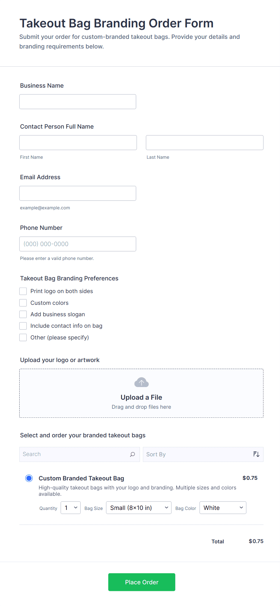 Takeout Bag Branding Order Form Template | Jotform
