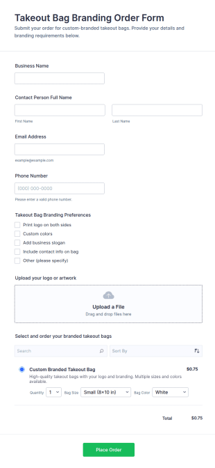 Takeout Bag Branding Order Form Template