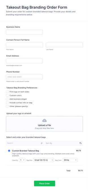 Takeout Bag Branding Order Form Template