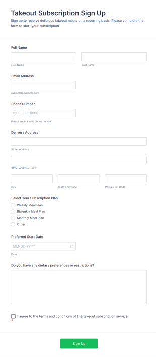 Takeout Subscription Sign Up Form Template