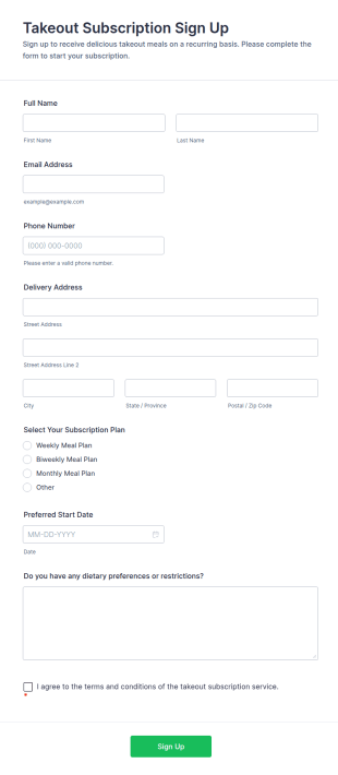 Takeout Subscription Sign Up Form Template