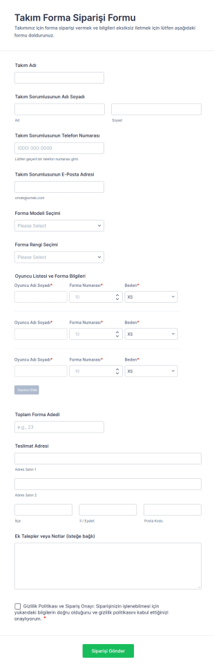 Takım Forma Siparişi Form Şablonu