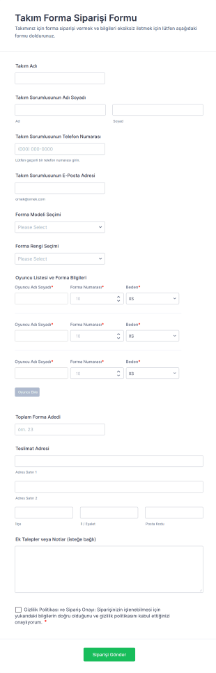 Takım Forma Siparişi Form Şablonu