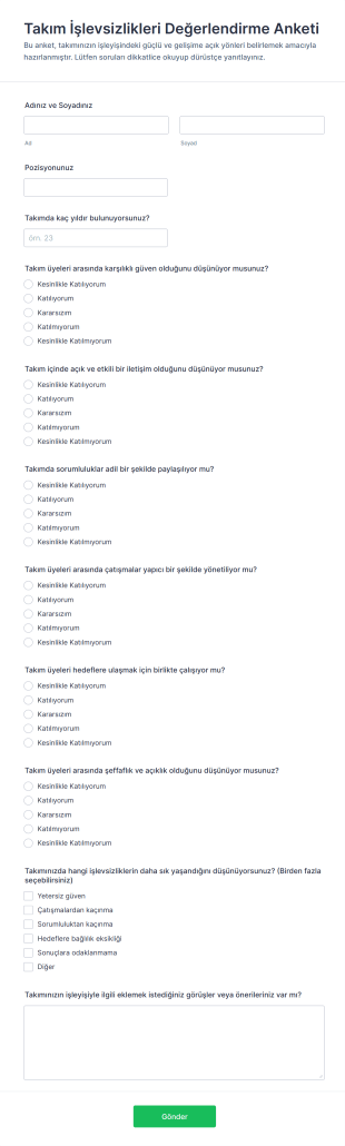 Takım İşlevsizlikleri Değerlendirme Anketi Form Şablonu