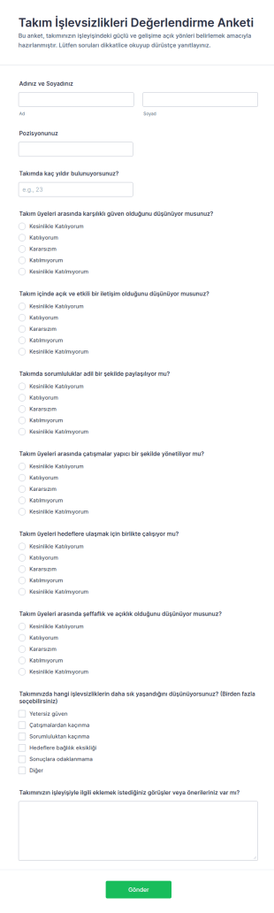 Takım İşlevsizlikleri Değerlendirme Anketi Form Şablonu