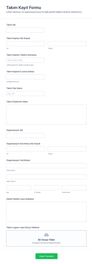 Takım Kaydı Form Şablonu