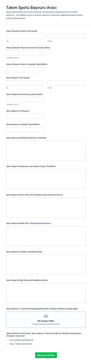 Takım Öne Çıkarma Başvuru Form Şablonu