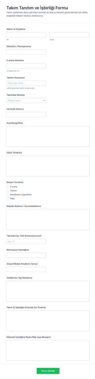 Takım Tanıtım Anketi Form Şablonu