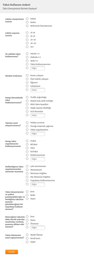 Taksi Değerlendirme Anketi Form Şablonu